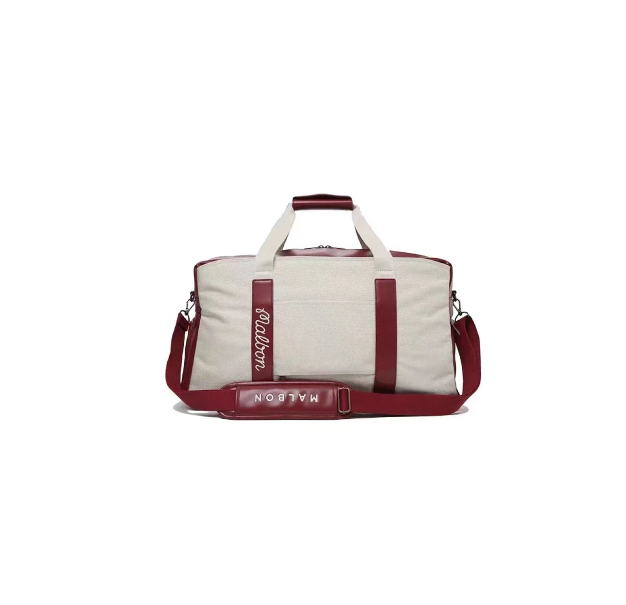 Malbon Outdoor Golf Duffel Bag back view in cream and red with “MALBON” embossed logo on strap - spacious interior, reinforced stitching, and lightweight nylon blend for everyday use and golf course travel