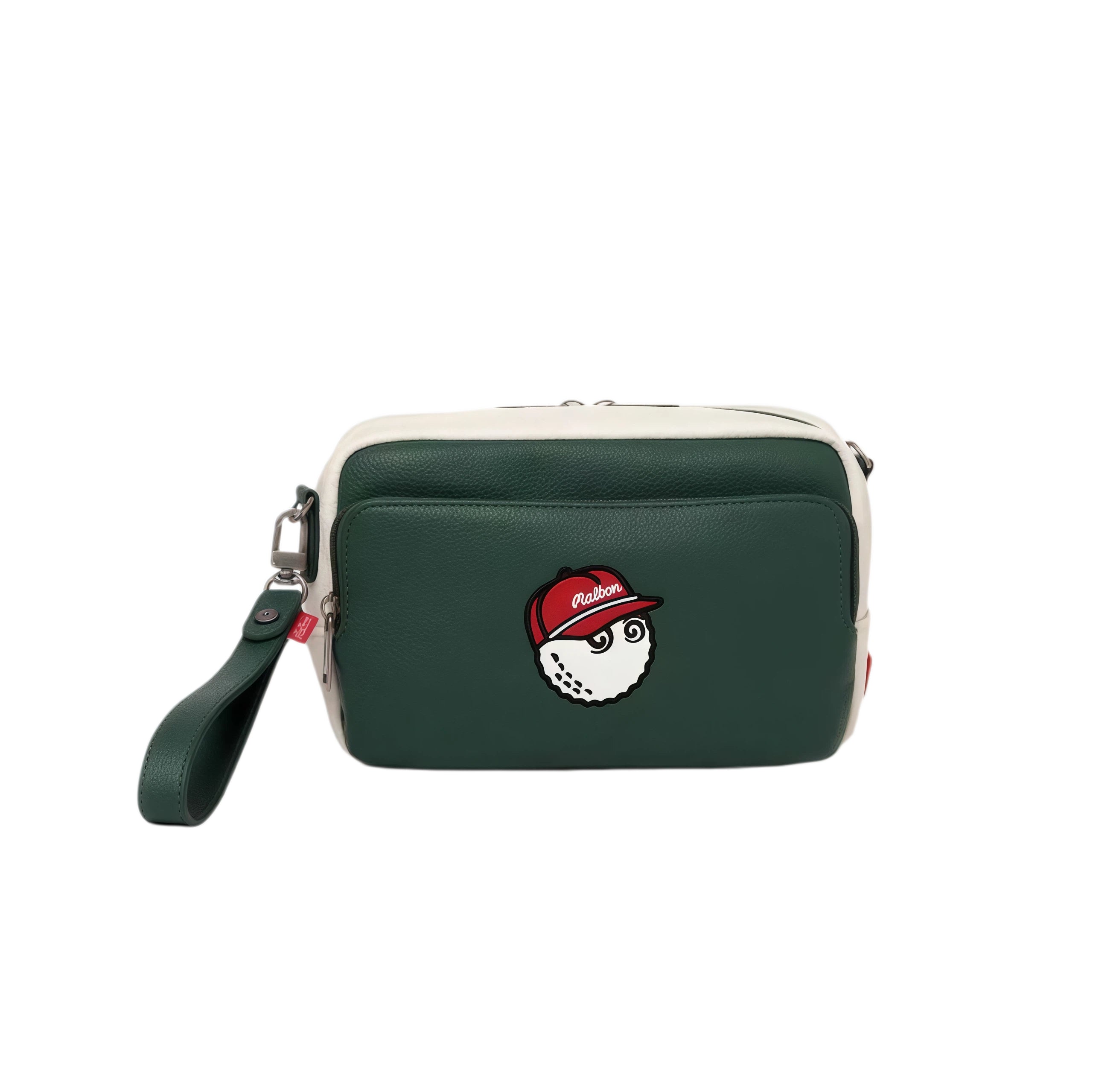 Front view of the green Malbon performance crossbody bag featuring the iconic golf ball character in a red "Malbon" cap. Durable and fun design for golf enthusiasts.