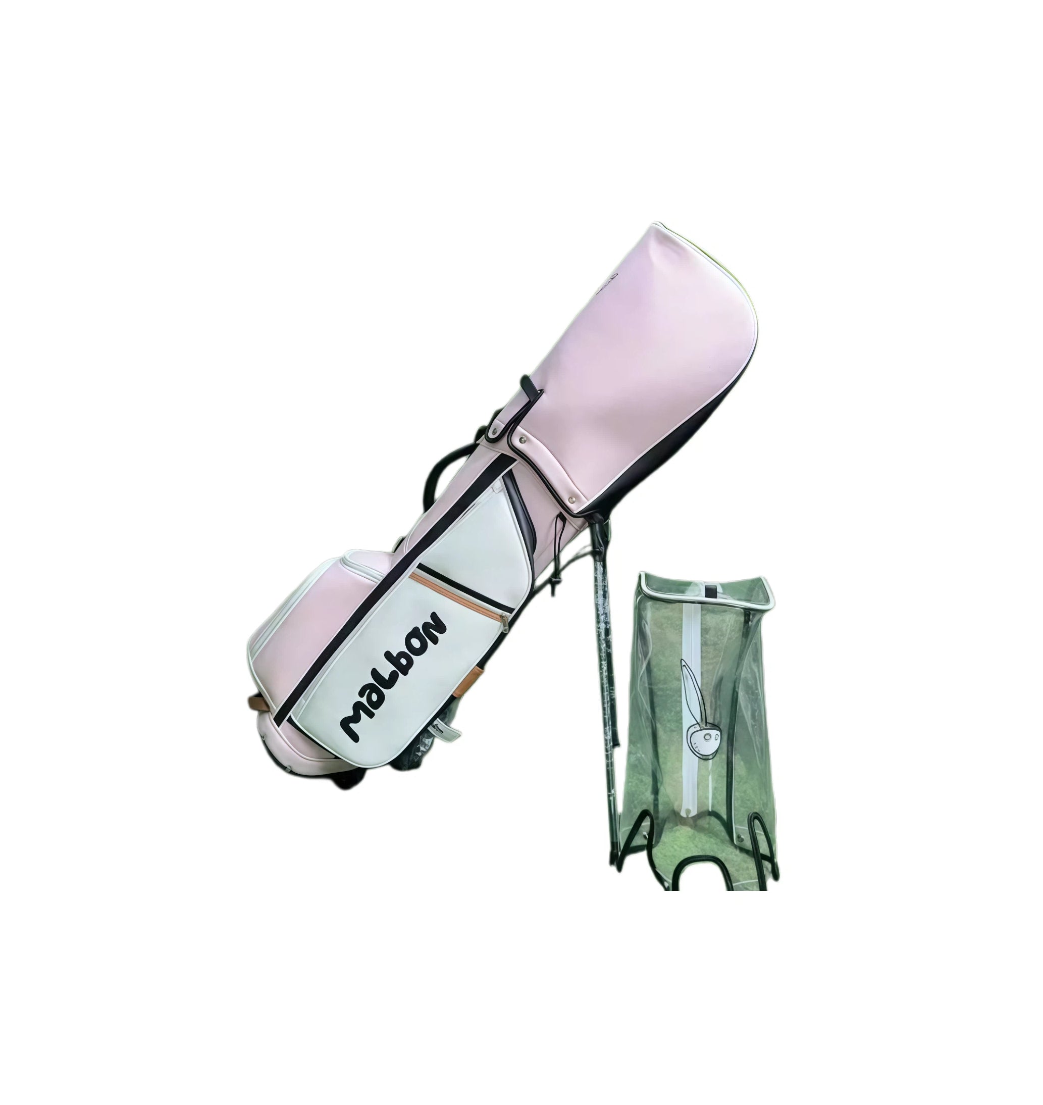 Malbon Pink Golf Stand Bag with “Malbon” brand logo on side pocket and transparent rain cover included - magnetic closure, adjustable shoulder strap, and dual stand legs for stylish, portable club protection