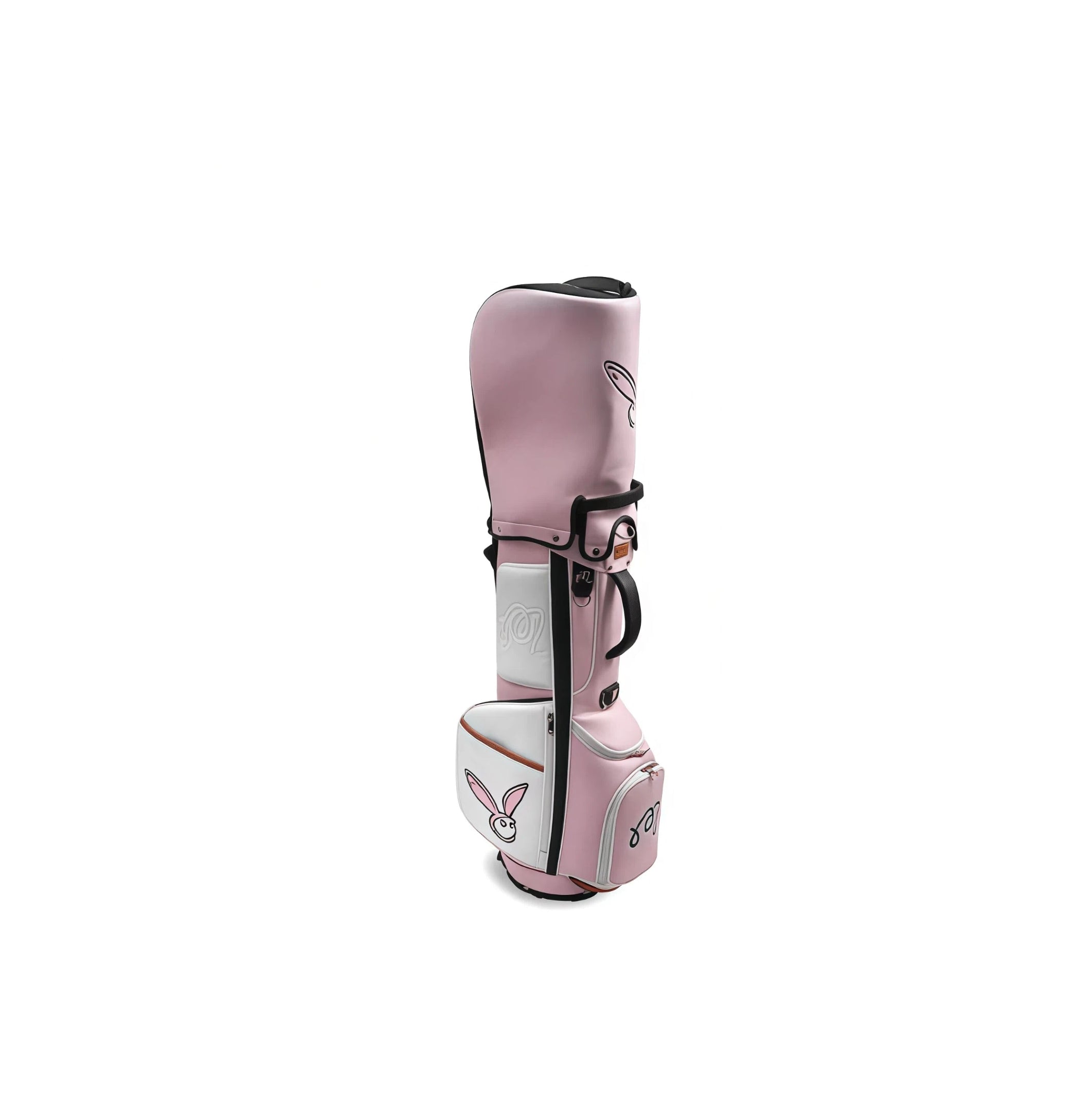 Malbon Pink Golf Stand Bag in white and pink with cartoon rabbit design and “Malbon” script embroidery - magnetic closure, adjustable shoulder strap, and dual stand legs for durable, stylish club protection