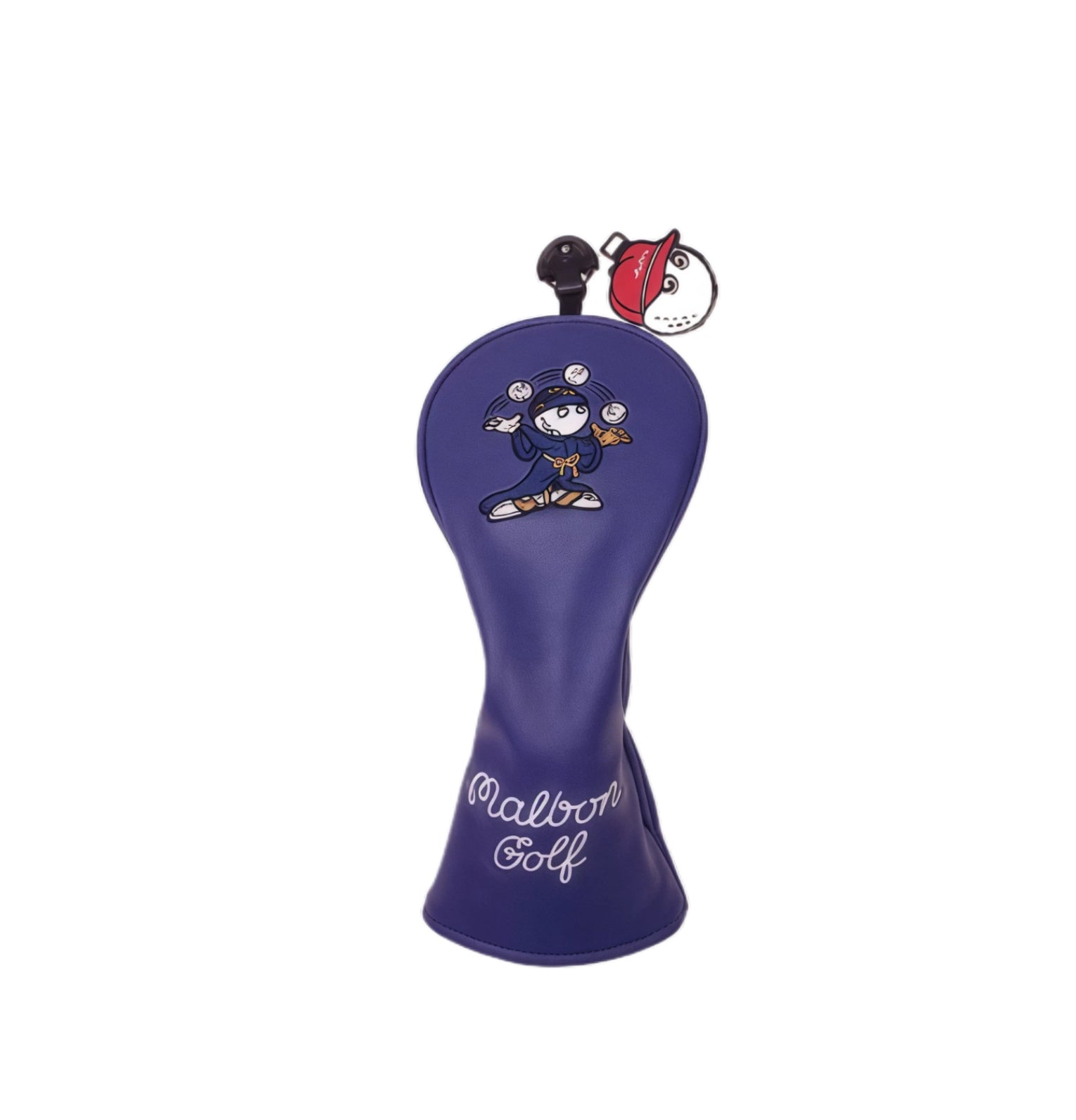Close-up of Malbon Purple Wizard Driver Headcover with 3D embroidered wizard character juggling golf balls, purple PU leather, white "Malbon Golf" script, and red cap ball marker charm.
