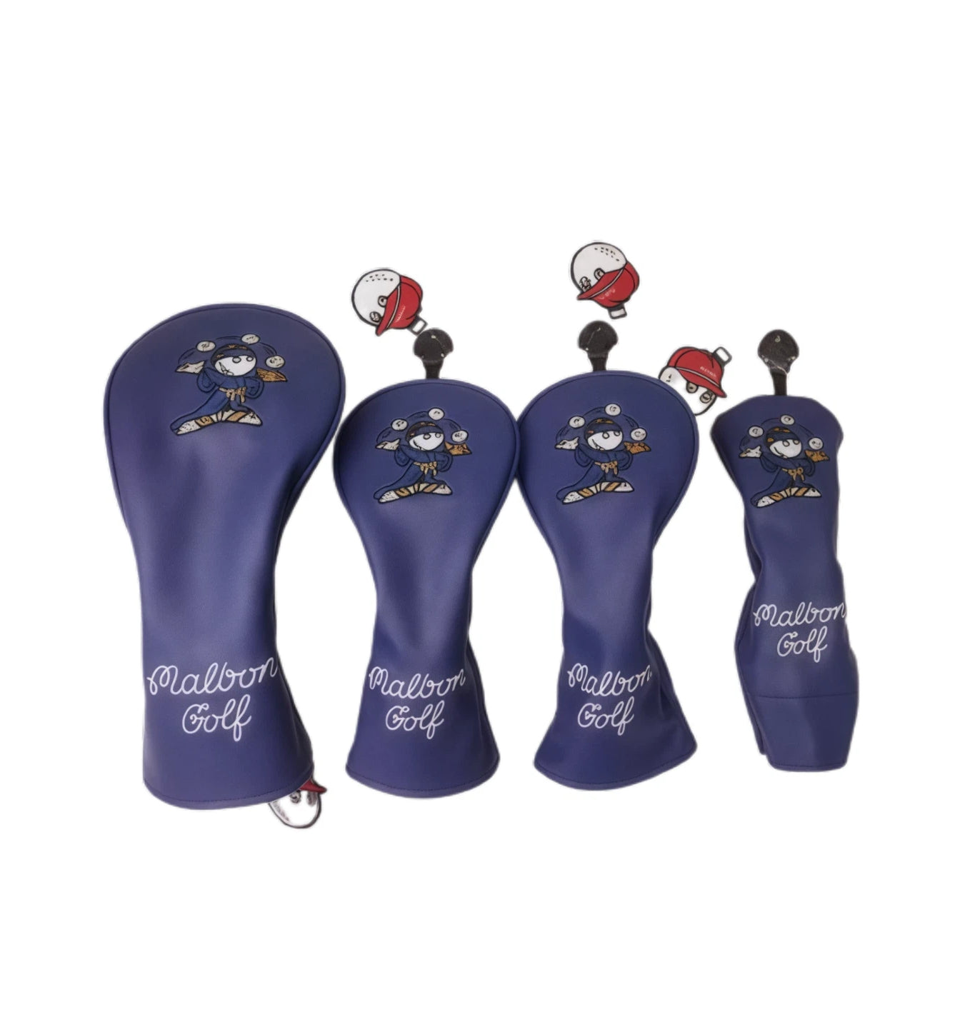 Malbon Purple Wizard Golf Headcover Set featuring 3D embroidered wizard character, includes driver, fairway wood, hybrid, and putter covers, universal fit for all golf clubs, purple PU leather with white script branding.
