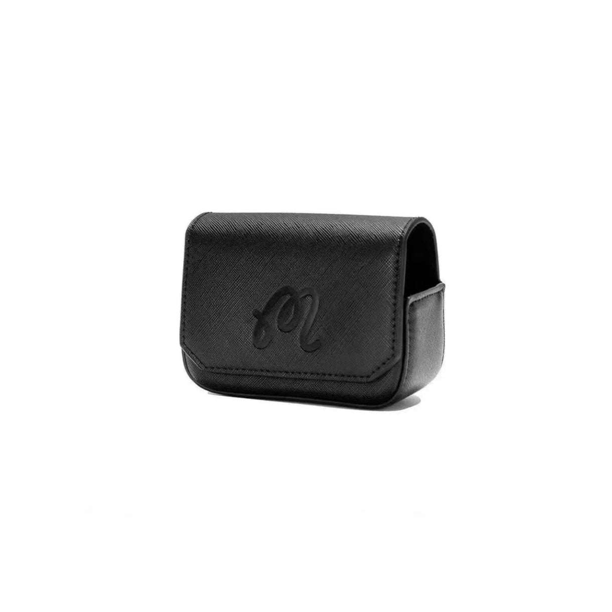Side angle of the black Malbon rangefinder pouch showcasing its sleek profile and embossed cursive "M" logo. Premium texture and minimalist design ideal for golf enthusiasts.