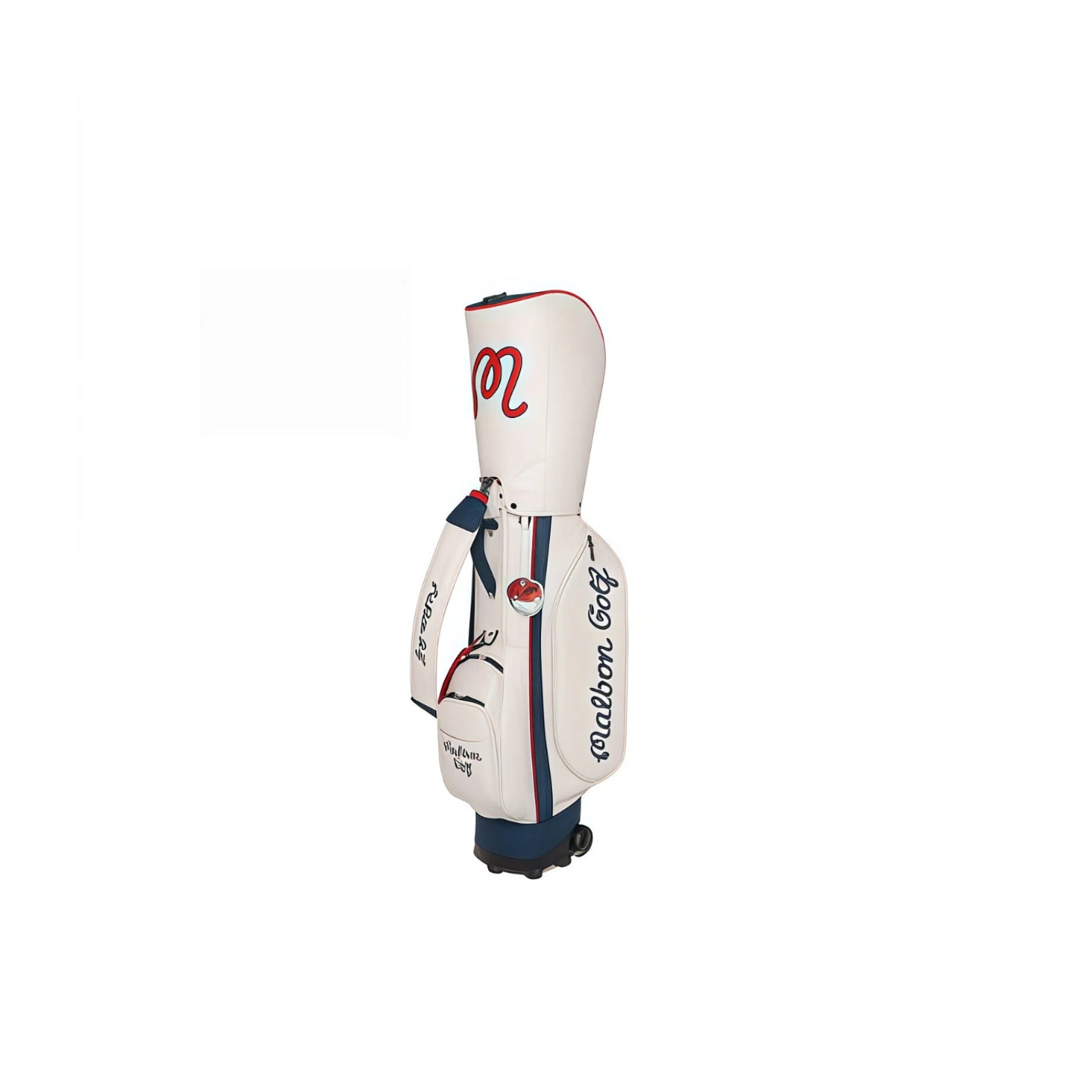 Malbon rolling golf caddy bag in white and navy colorway, featuring waterproof construction, lightweight design, and a red "M" logo, equipped with wheels for easy transport, suitable for both men and women golfers.