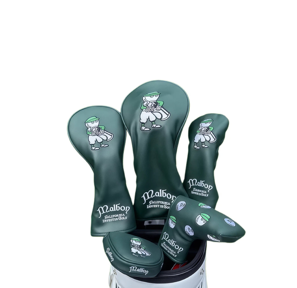 Full set of dark green Malbon style Universal Leather Golf Headcovers including driver, fairway woods, hybrid, and a blade putter cover, showcasing the signature caddy logo and leather texture.