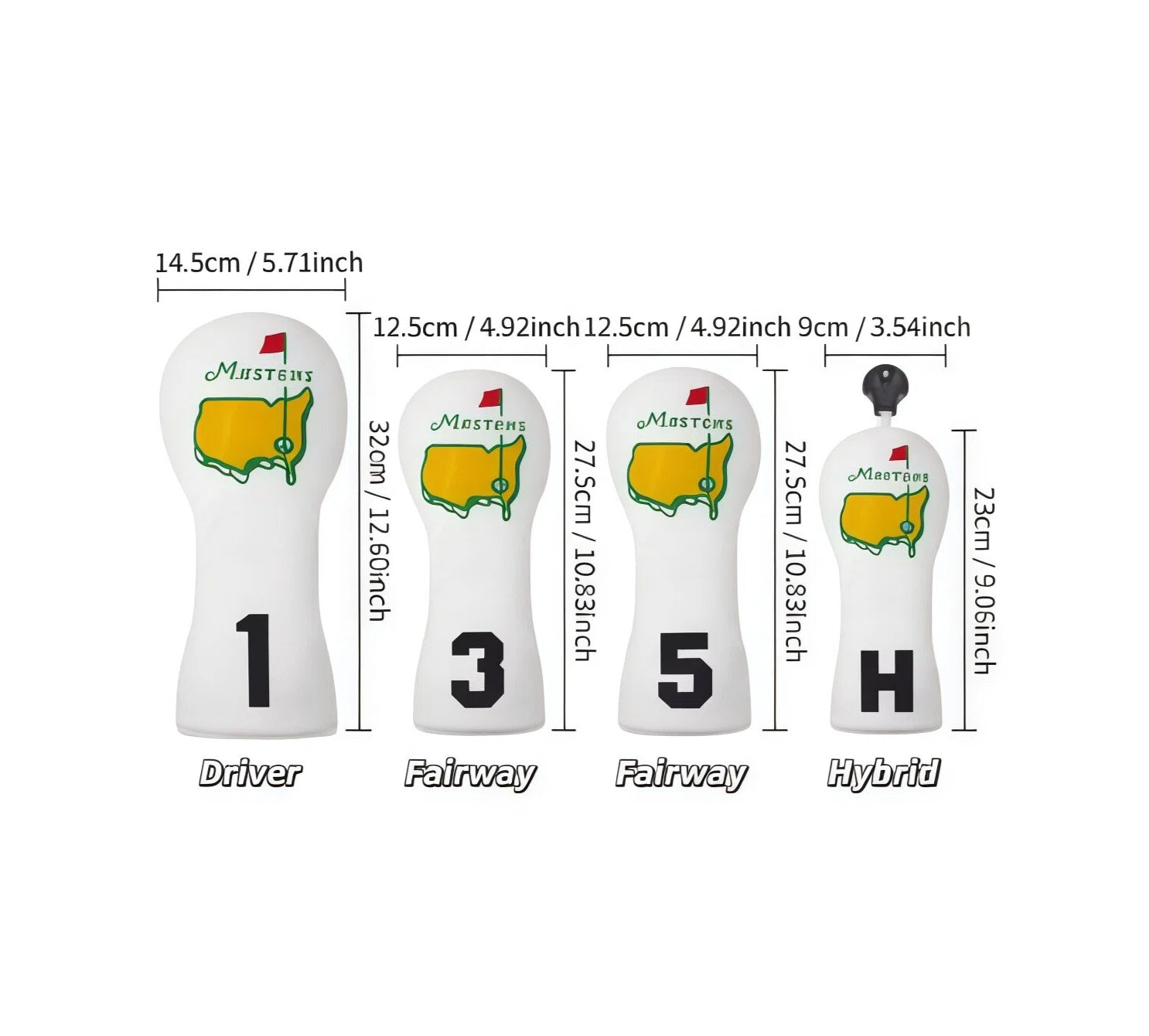 Dimensions of Masters Golf Headcover Set including driver (32cm), fairway wood (27.5cm), and hybrid (23cm) covers, with measurements in cm and inches.