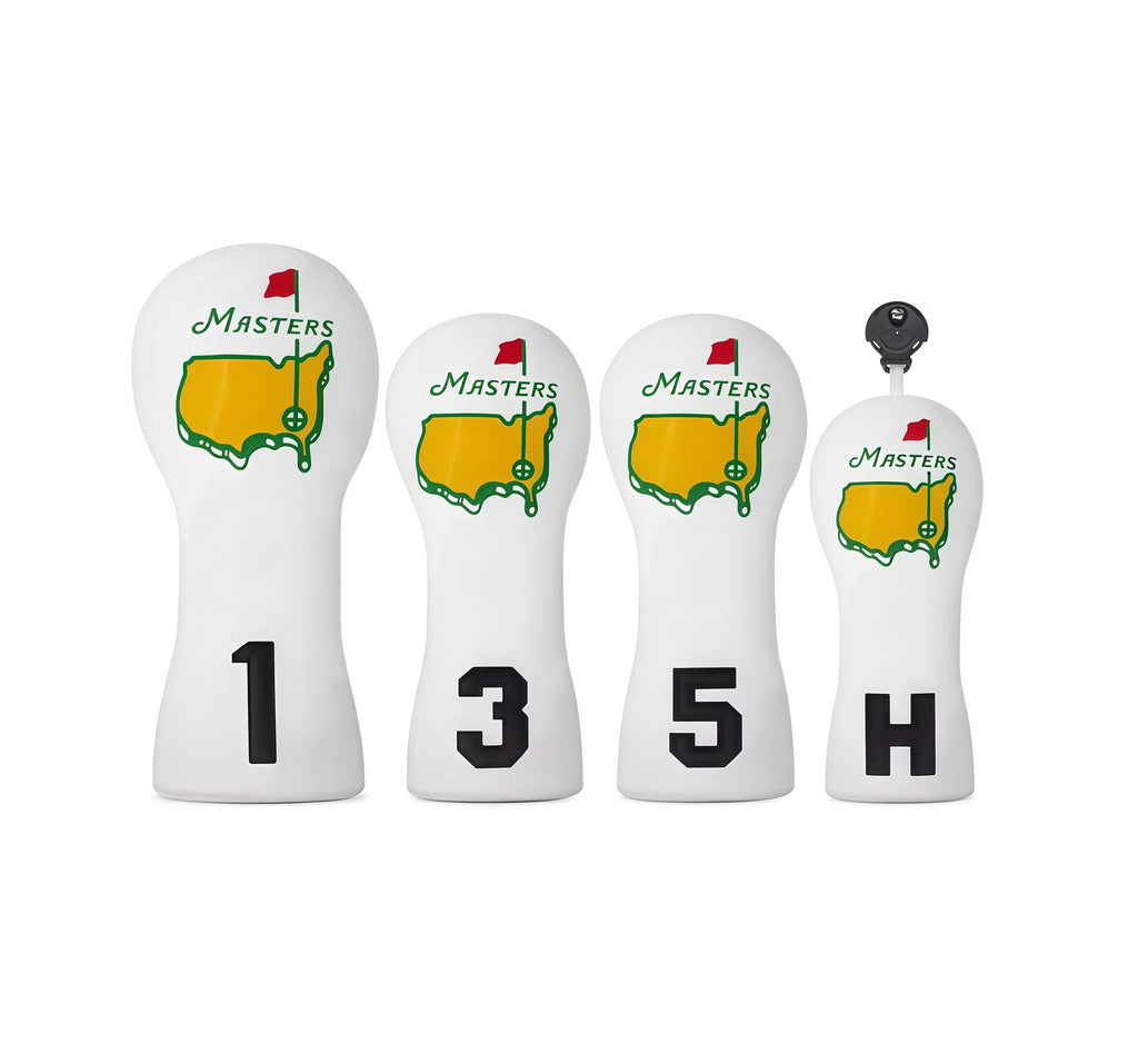 Masters Golf Headcover Set in white featuring green embroidered Augusta National golf course map and "Masters" text, includes driver, fairway wood, hybrid, and putter covers, universal fit for golf clubs.