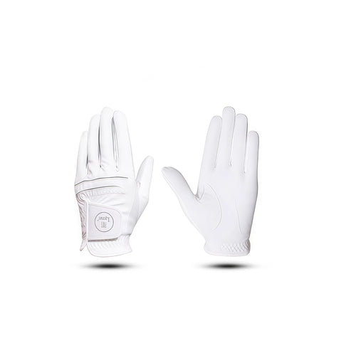 Pair of white men's golf gloves made of microfiber, featuring anti-slip palm, breathable design, and Lynx brand logo on wrist strap for enhanced grip and comfort.