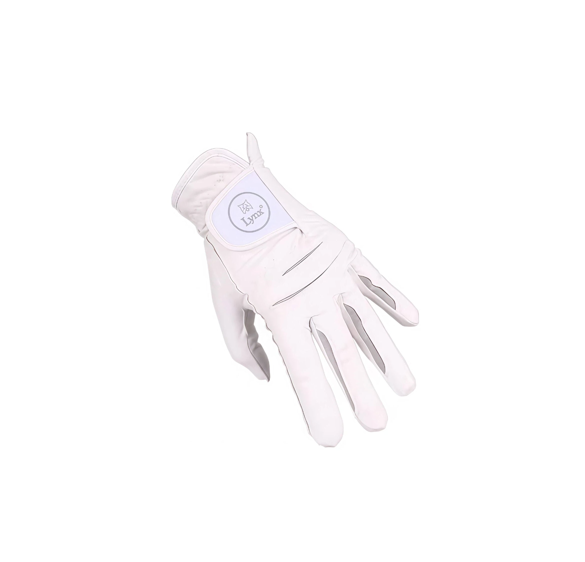 Angled view of a white men's golf glove with microfiber construction, anti-slip properties, and Lynx logo on the wrist strap, designed for breathability and superior grip.