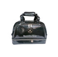 Black Mercedes-Benz glossy duffel bag with carbon fiber texture, dual zippers, and 3D logo. Ideal for luxury travel and golf.