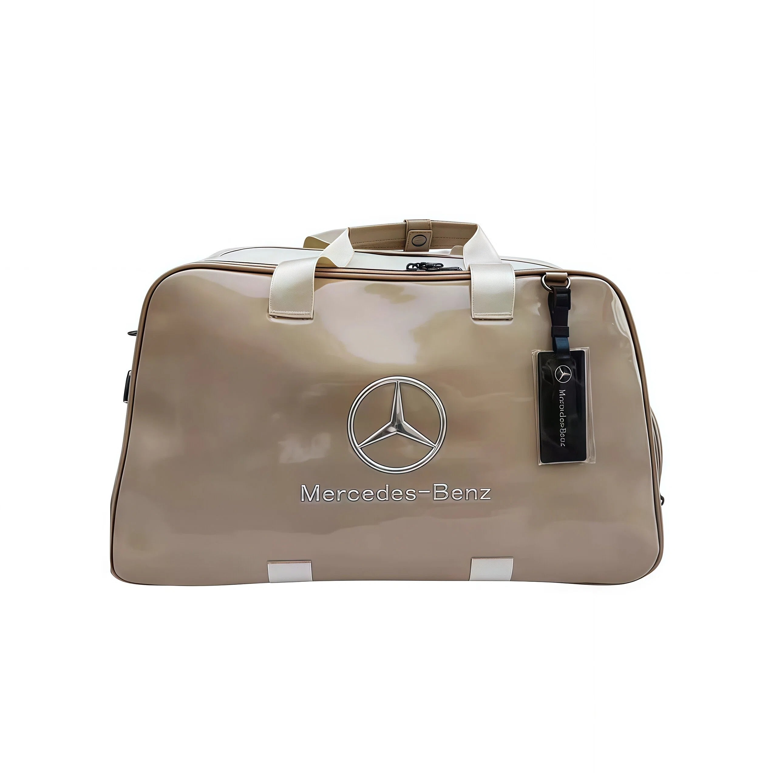 Front view of the beige Mercedes-Benz glossy duffel bag showcasing the chrome logo, "Mercedes-Benz" text, and clean design. A sophisticated lifestyle accessory.
