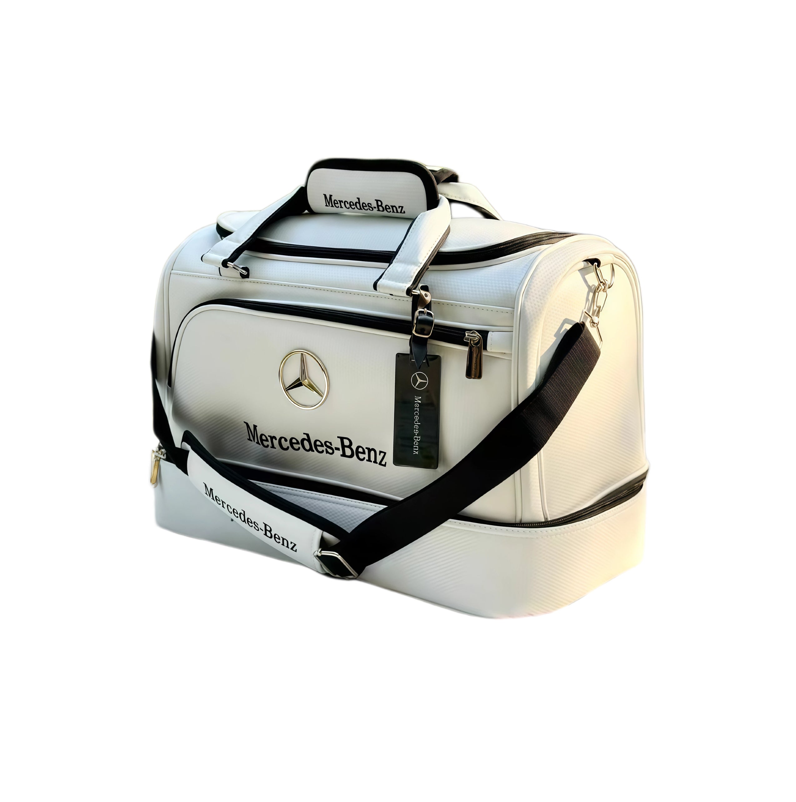 Angled side view of the Mercedes-Benz Carbon Fiber Texture Golf Boston Bag in white. Shows the detachable black shoulder strap with "Mercedes-Benz" branding, top handle, and zippered compartments.
