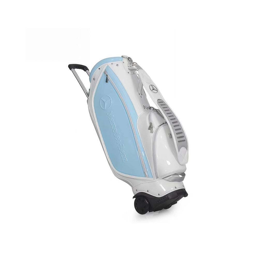 Rear view of the Mercedes-Benz Golf Cart Bag with extended handle, highlighting the padded shoulder strap with ventilation, dual wheels, and durable base. Perfect for comfortable carrying or rolling.
