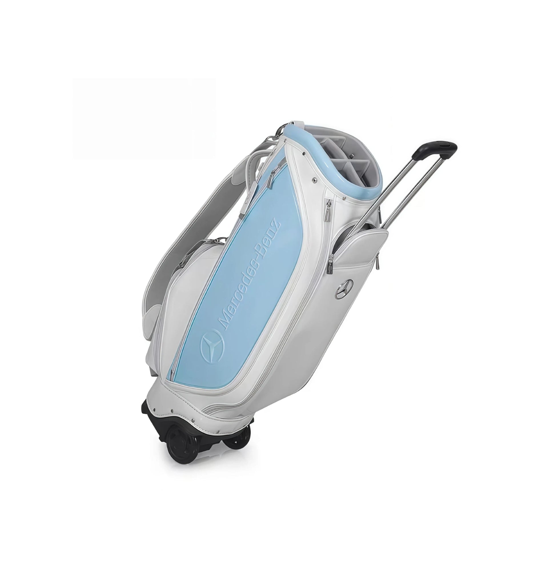 Side view of the Mercedes-Benz Golf Cart Bag in white and light blue, featuring a retractable telescopic handle, dual wheels, and padded shoulder strap. Includes embossed "Mercedes-Benz" logo and high-gloss finish.