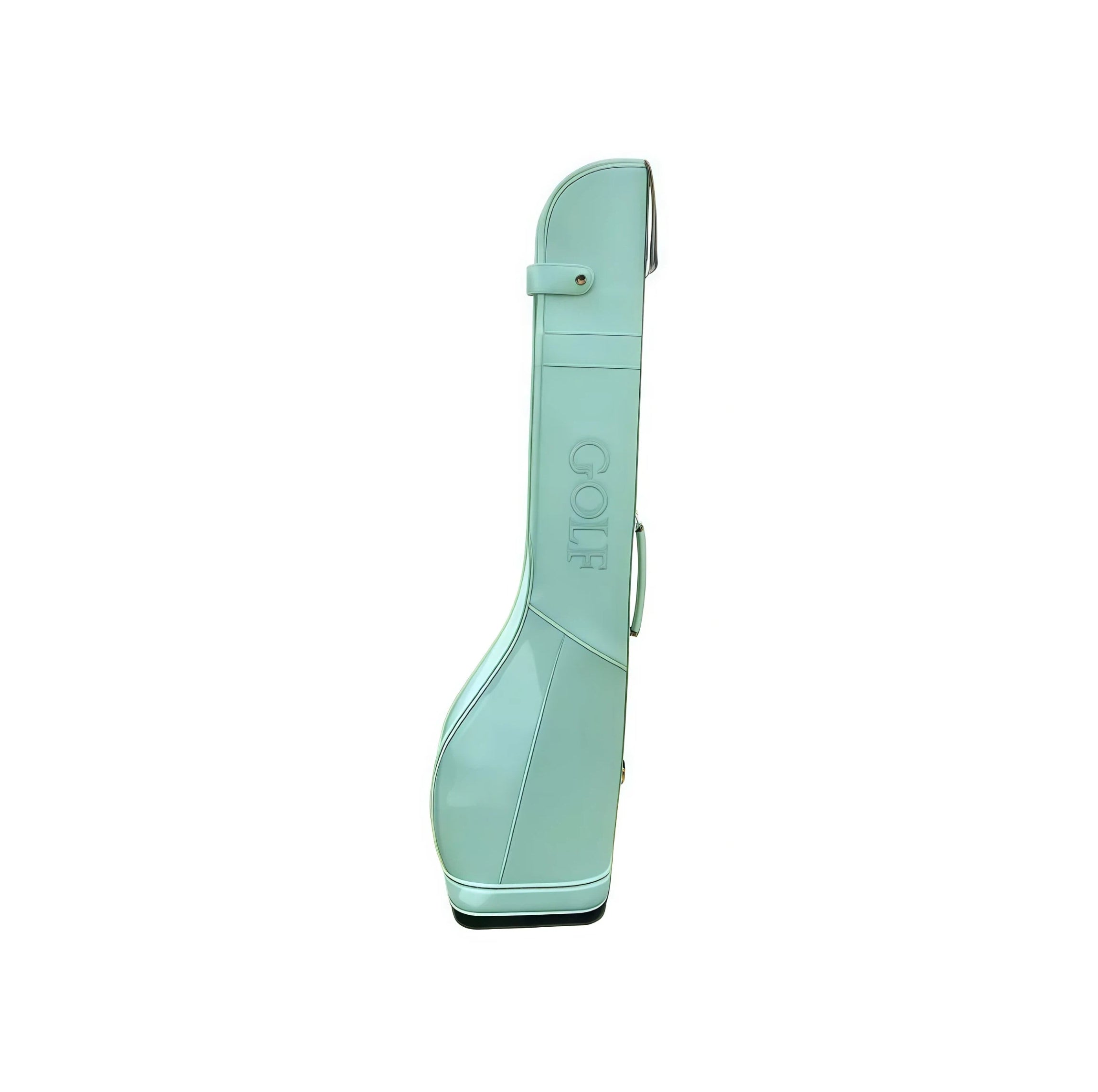 Mint green PU leather golf bag featuring embossed "GOLF" text, ergonomic shape, top snap closure, and side handle – perfect for modern golfers seeking style and function.
