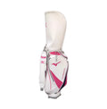 Full-length shot of the Mizuno BR-D3 Golf Bag with hood securely fastened, showing clean top closure, branded shoulder strap with "Mizuno" text, side pocket with zipper, and sleek aerodynamic silhouette ideal for walking or cart use.