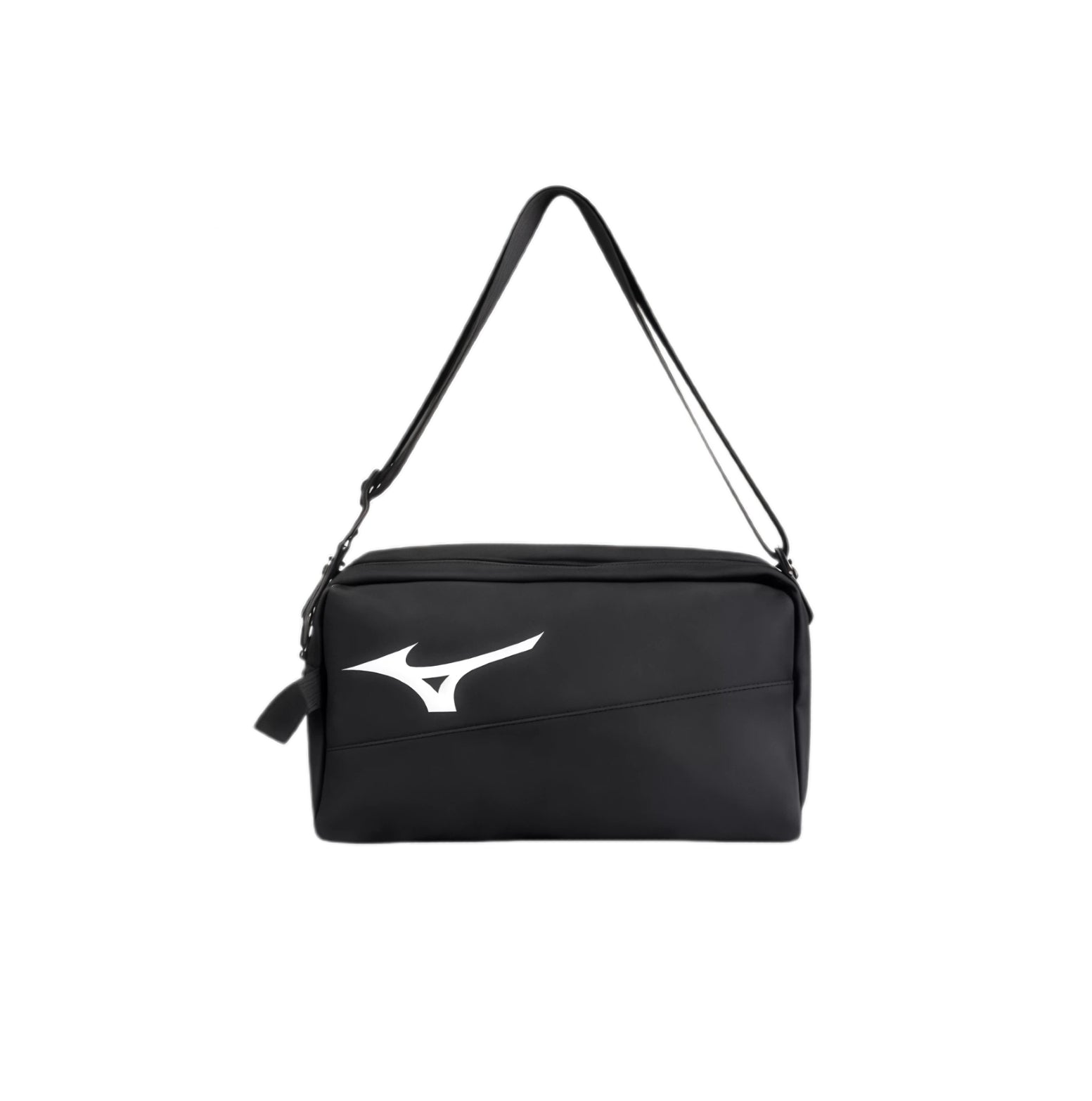 Front-facing shot of the Mizuno Black Crossbody Bag featuring a sleek textured PU leather exterior, bold white Runbird logo centered on front panel, adjustable shoulder strap, and compact rectangular silhouette ideal for travel or daily carry.