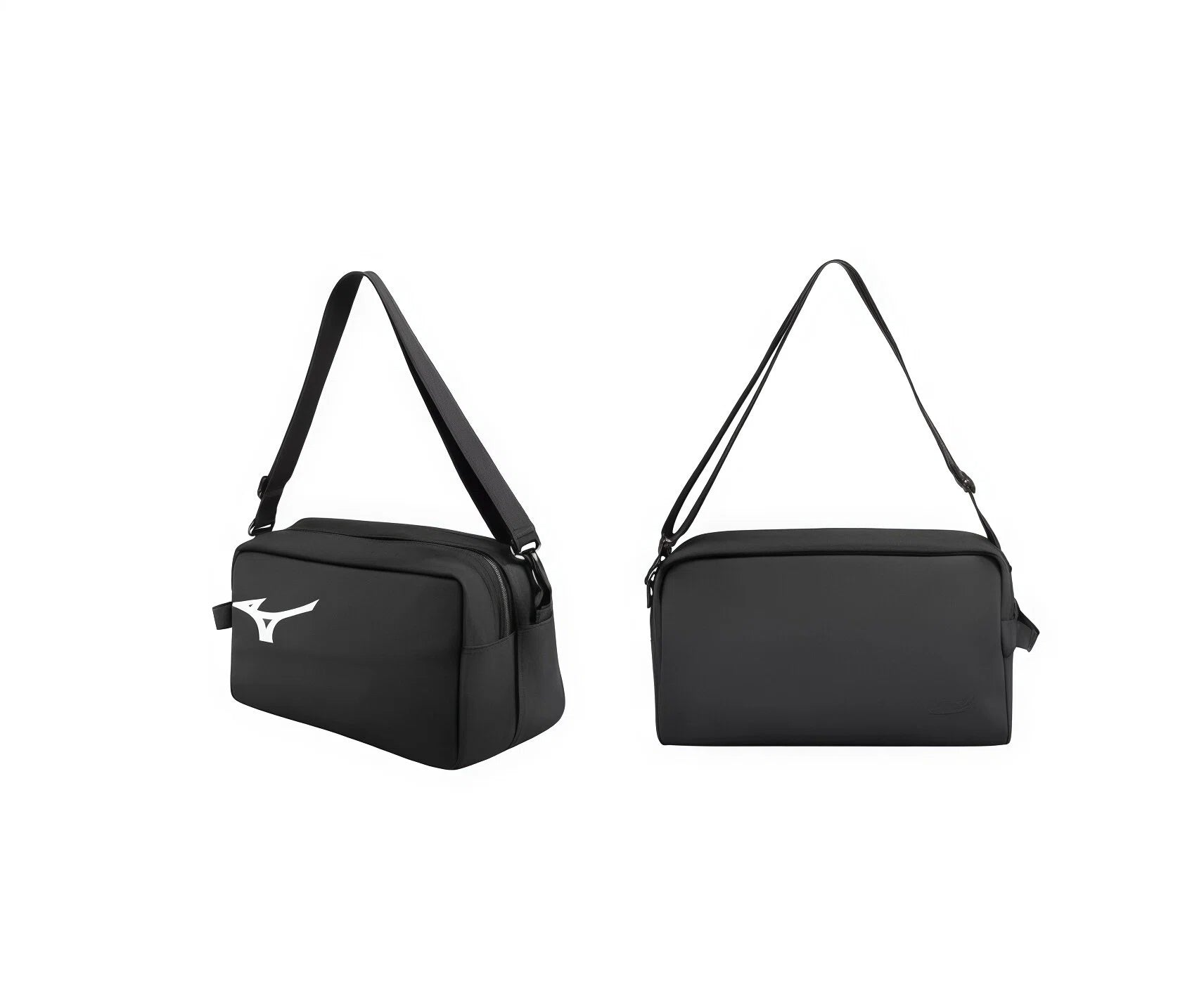 Side-by-side comparison of the Mizuno Black Crossbody Bag showing front view with prominent white Runbird logo and back view with minimalist plain design, highlighting versatile styling suitable for both casual outings and professional settings.
