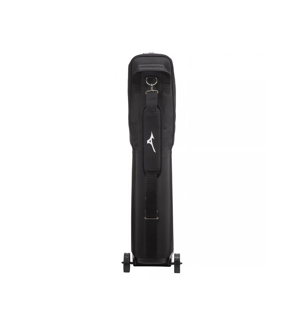 Close-up rear view of Mizuno golf travel cover showing retractable telescopic handle attachment point, D-ring hardware, and dual-wheel chassis for stable maneuverability.