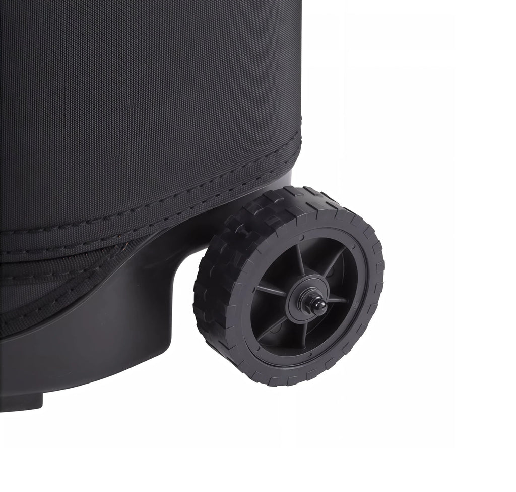 Detailed close-up of heavy-duty rubber wheel on Mizuno golf travel cover, featuring deep tread pattern and reinforced axle for durability on grass, pavement, or gravel surfaces.