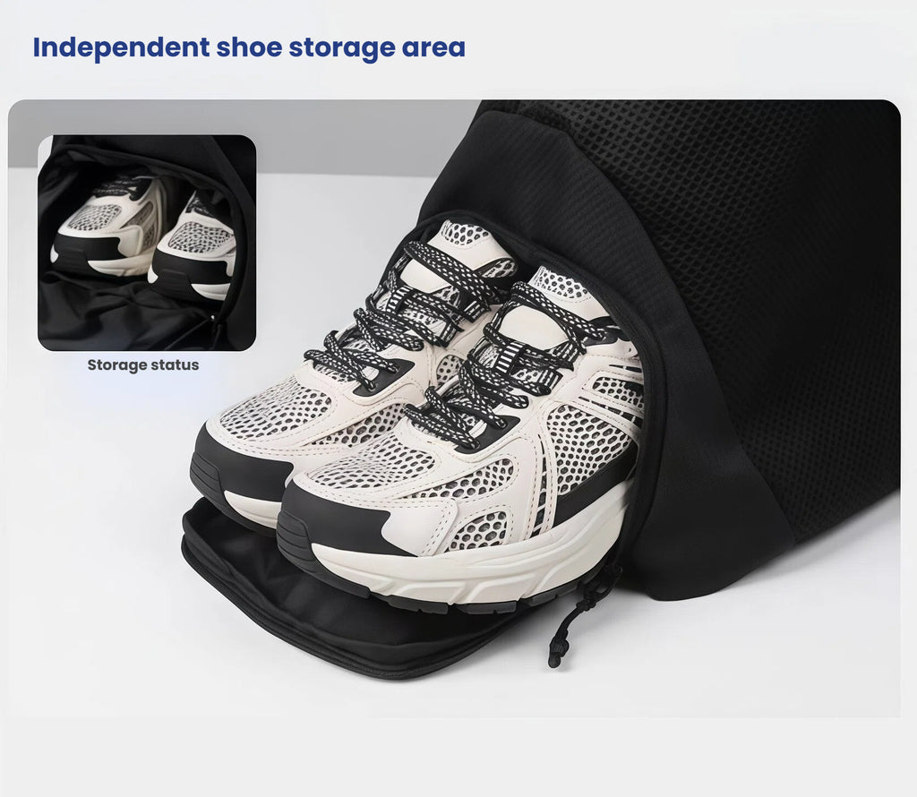 Close-up of the Mizuno gym duffel bag’s independent shoe storage area with a pair of athletic shoes neatly stored, preventing odor and mess in main compartment.