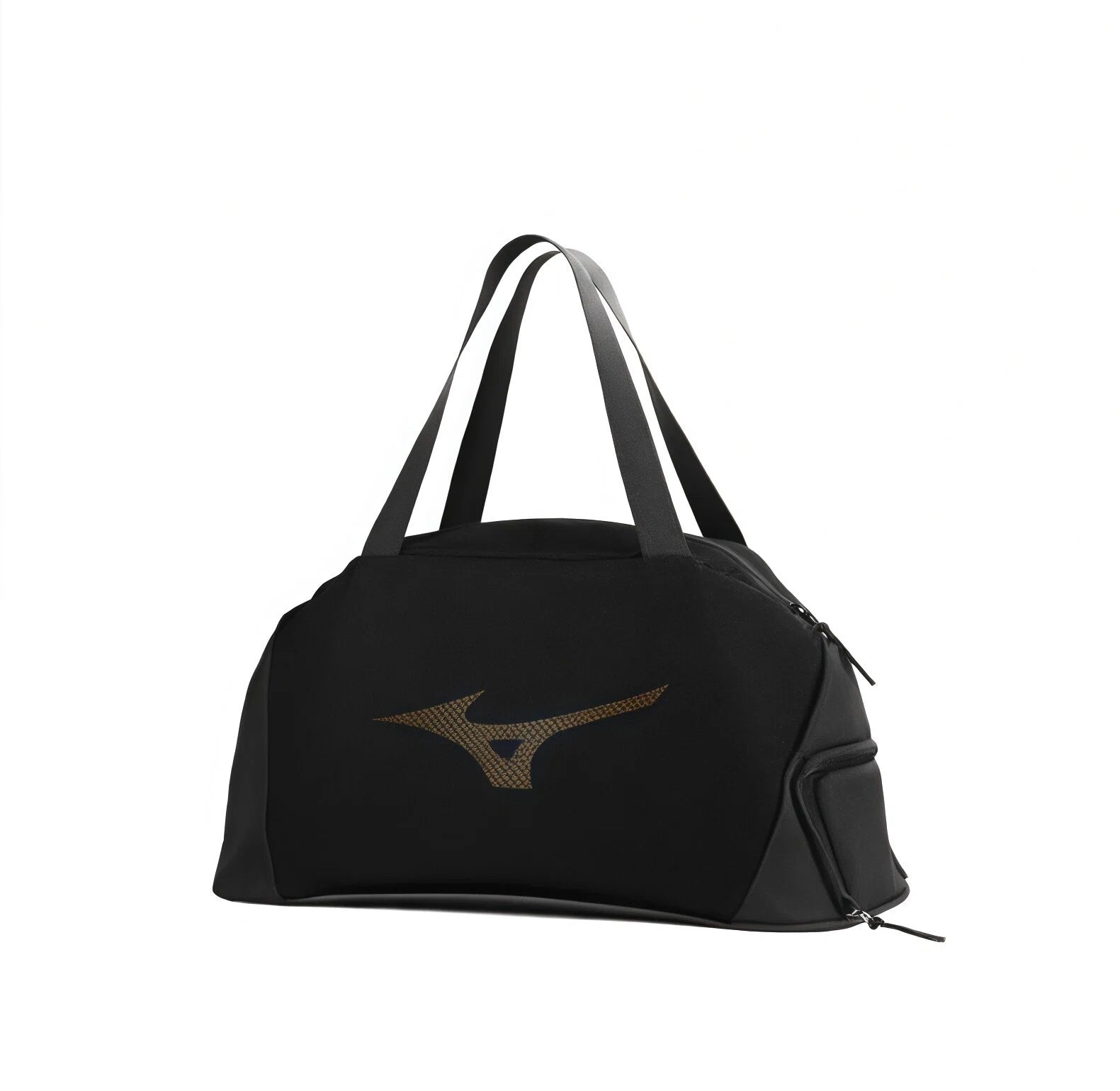 Side angle of the black Mizuno gym duffel bag highlighting external zippered pockets, dual carry handles, and sleek design for easy transport to gym or training sessions.
