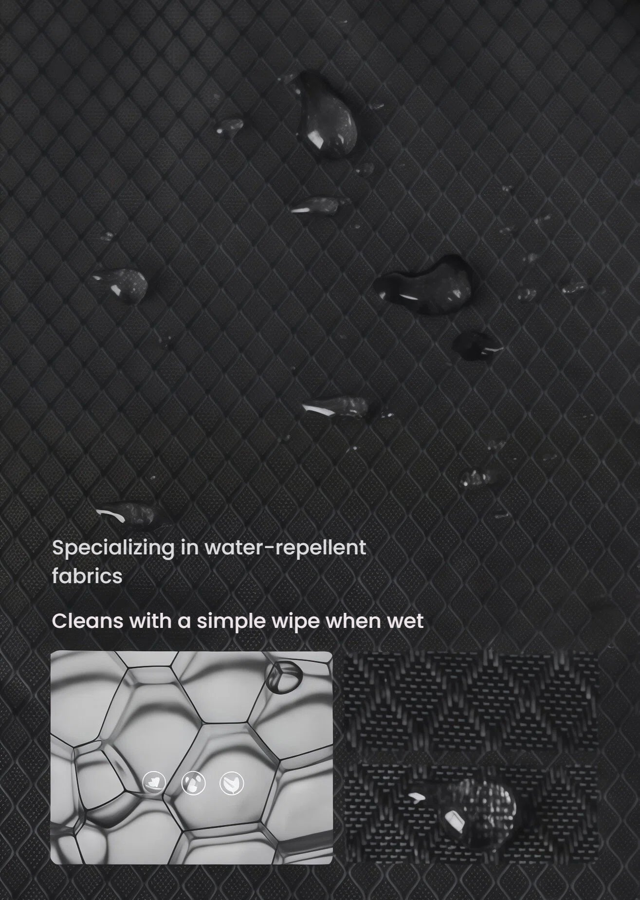 Close-up of the Mizuno gym duffel bag’s water-repellent fabric showing droplets beading off the surface; designed to resist moisture and clean easily with a wipe.