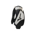 Angled shot of the Mizuno Pro Cart Bag in vibrant royal blue, white, and red配色, showcasing bold Runbird branding, structured silhouette, and premium synthetic leather finish.