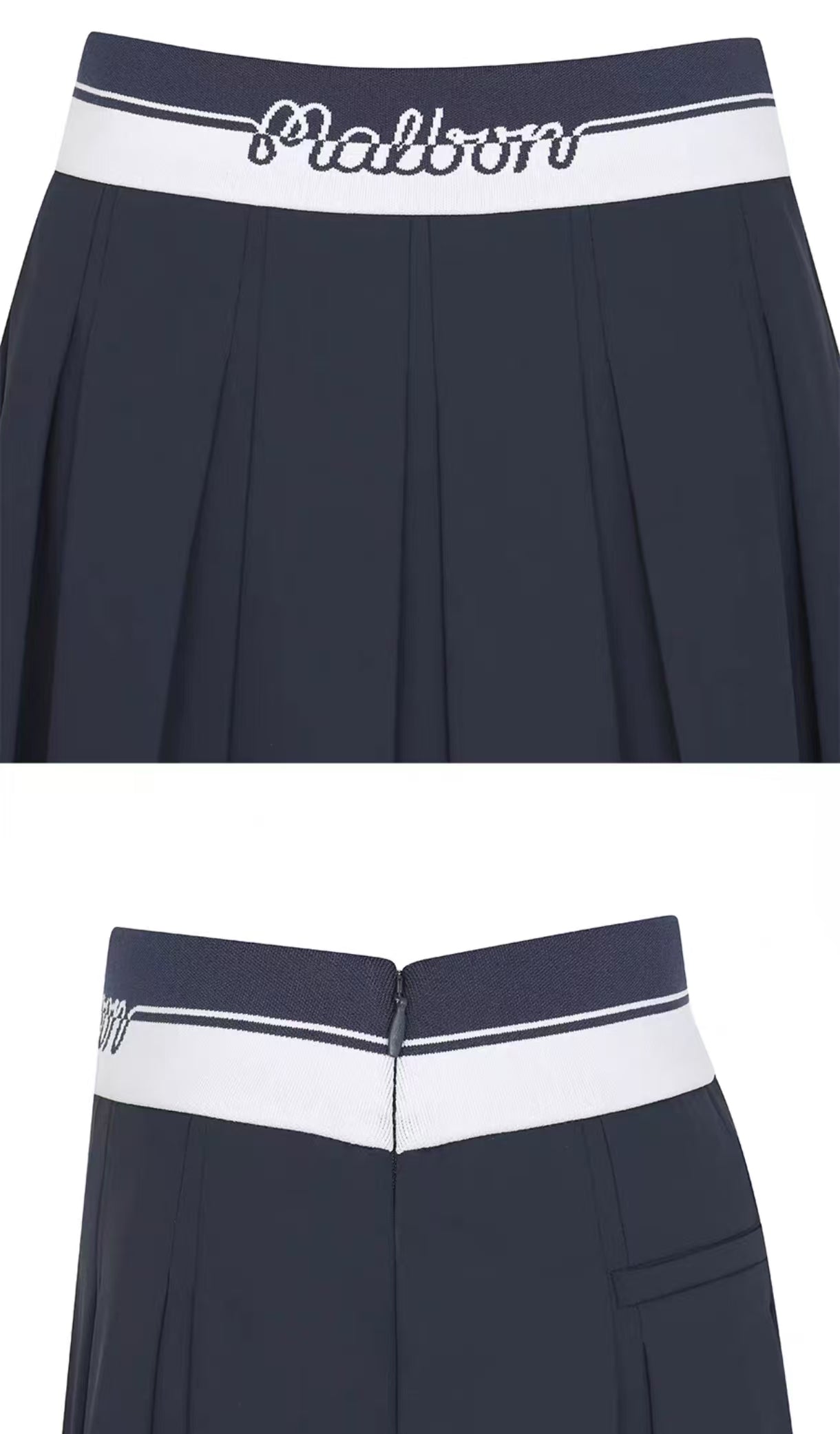 Malbon Studio Seoul Logo Banding Pleated Skirt Navy Blue pleated golf skirt detail view