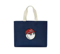 Navy blue Malbon Golf tote bag featuring a cute cartoon golf ball character in a red cap with "Malbon" logo, perfect for golf gear and daily essentials.