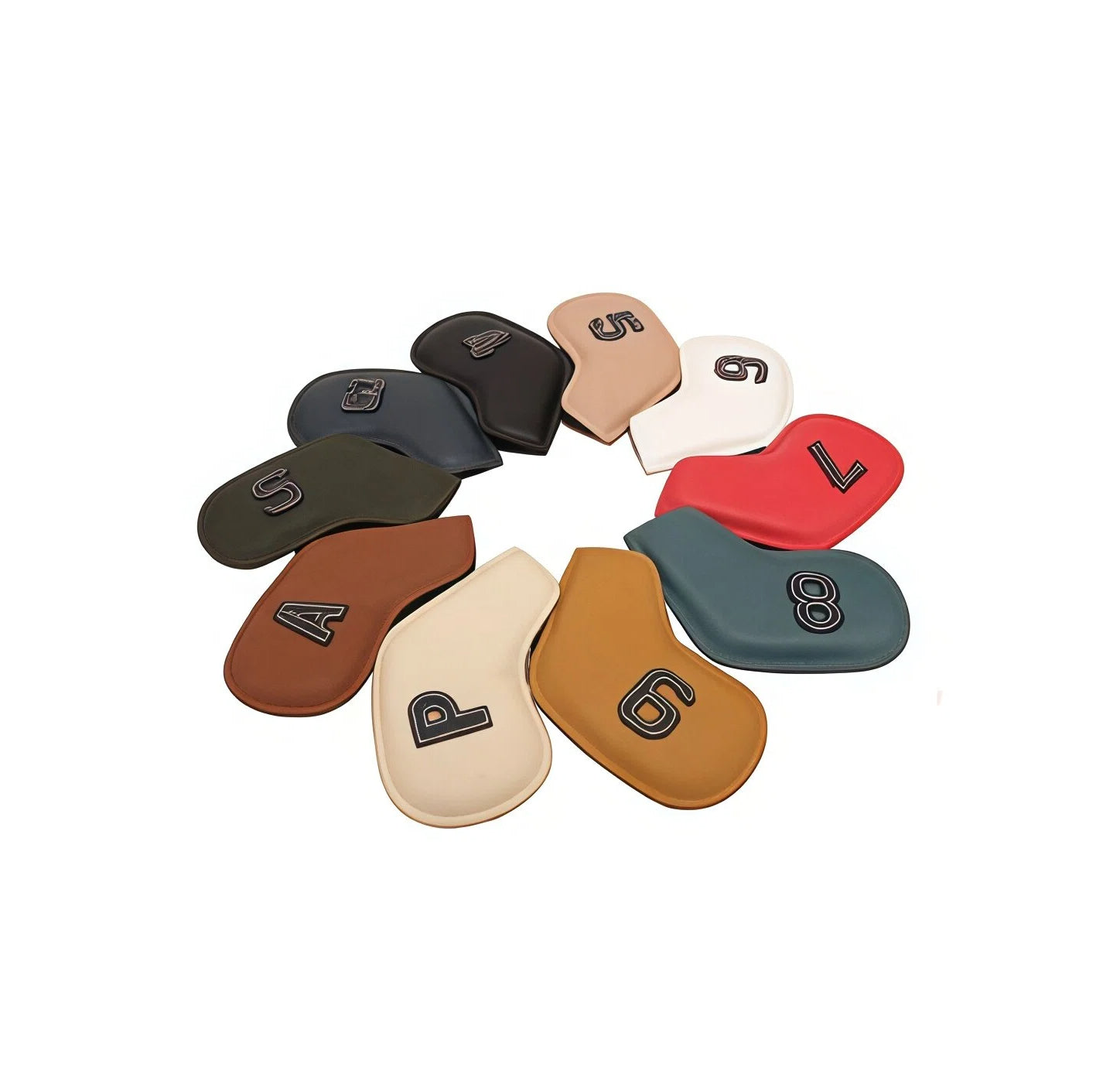 Multi-color new PU golf iron covers arranged in a circle, showcasing 3D embroidered numbers and letters (4-9, P, A, S, X) on high-quality PU leather, designed for iron clubs with oil-edged工艺 for durability and anti-scratch performance.