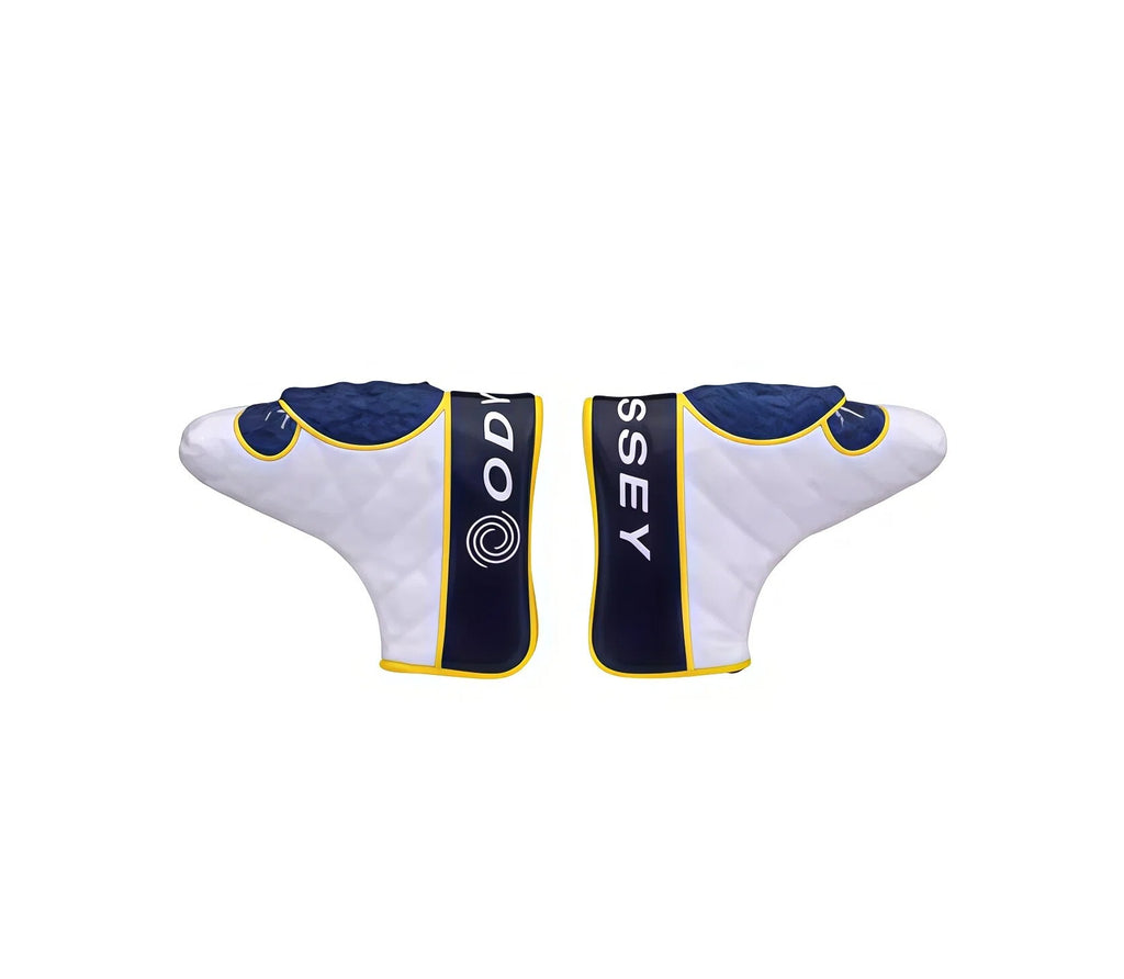 Navy blue and yellow Odyssey teddy bear putter headcover by Callaway – features plush navy ear accents, gold trim, quilted white body, and bold “ODYSSEY” lettering — stylish protection for blade-style putters