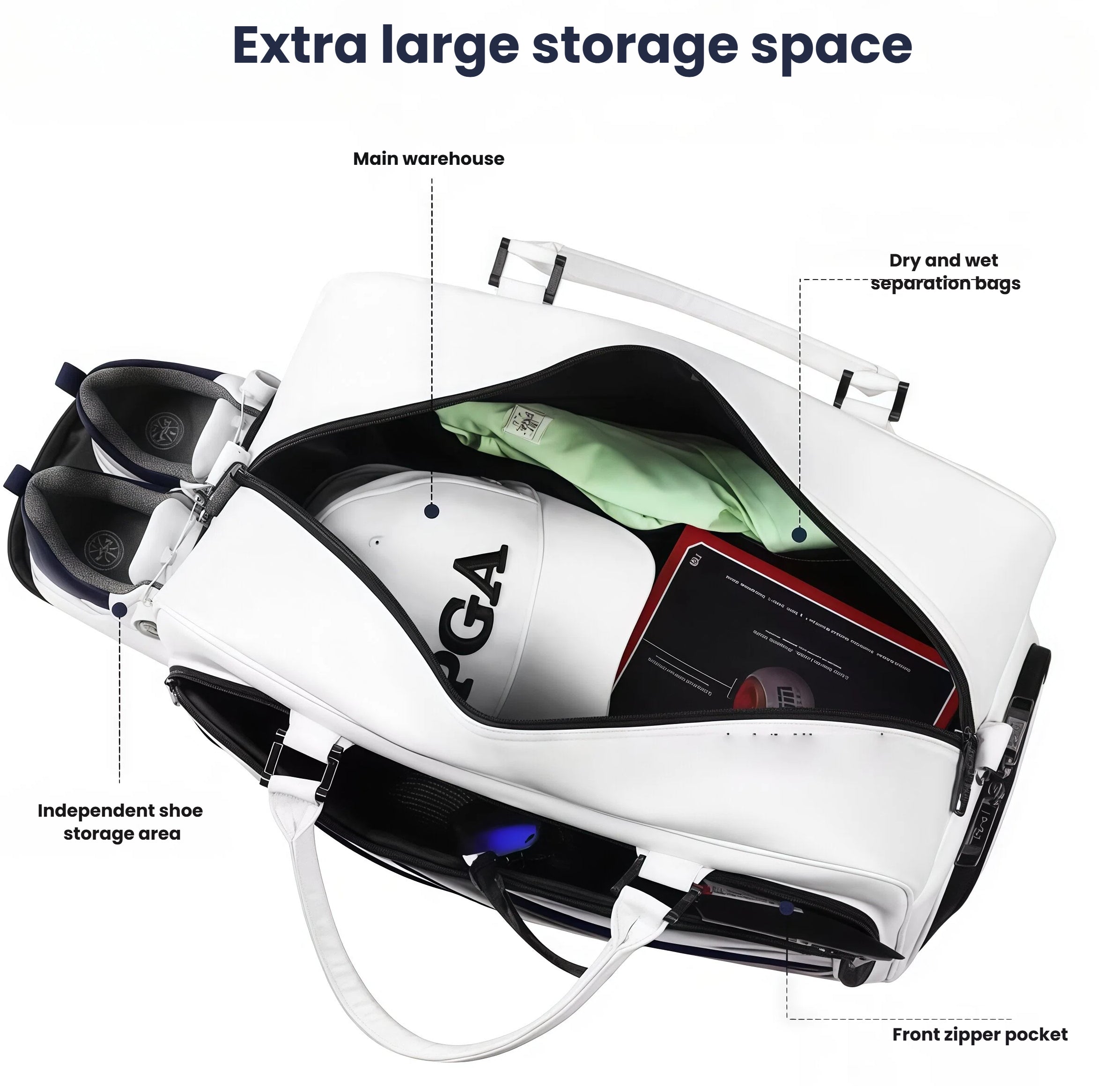 Open top view of the PGA 2026 Golf Duffel Bag showing organized compartments: main warehouse, dry/wet separation bags, independent shoe storage area, and front zipper pocket. Perfect for golf essentials.