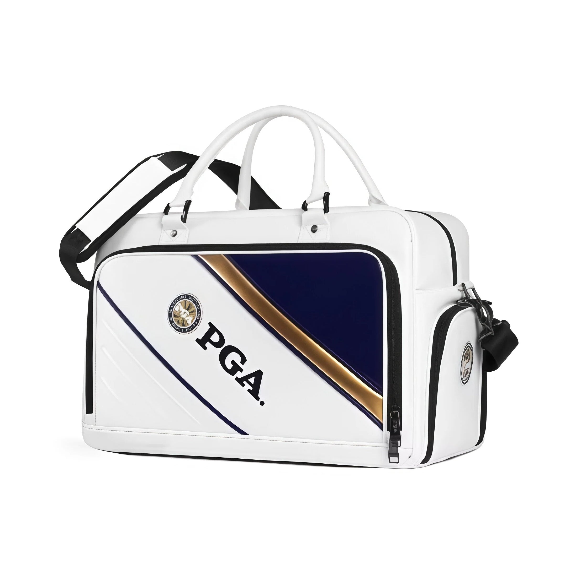 Front view of the PGA 2026 Golf Duffel Bag in white with navy and gold accents, showcasing the official PGA logo and "PGA" text. Ideal for golfers and fans seeking authentic gear.
