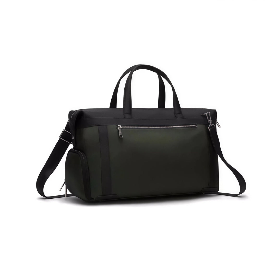 Side view of the PGA Official Golf Duffel Bag in dark green and black, featuring top handles, adjustable shoulder strap, and multiple zippered pockets. Designed for durability and style.
