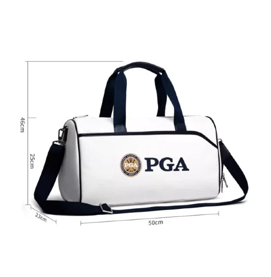 Size dimensions of the white PGA Tour duffel bag: 50cm (length), 46cm (height), 25cm (width). Ideal for carrying golf gear, gym clothes, or weekend essentials.