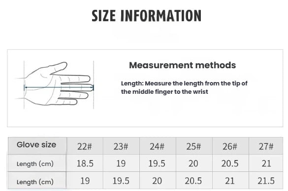 Size information chart for PGM golf gloves. The guide shows how to measure hand length from the tip of the middle finger to the wrist to find the correct glove size, from 22# to 27#.