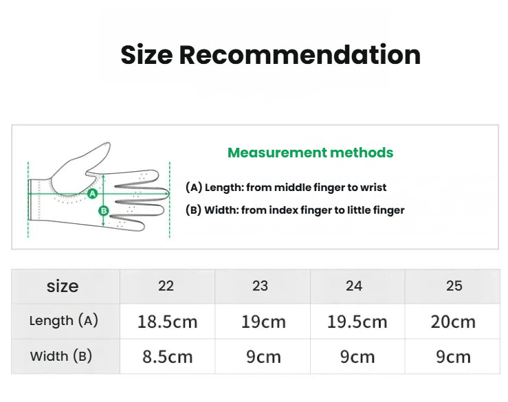  A size recommendation chart for PGM men's golf gloves. The guide illustrates how to measure hand length (from middle finger to wrist) and width (from index to little finger) to find the perfect fit from sizes 22 to 25.