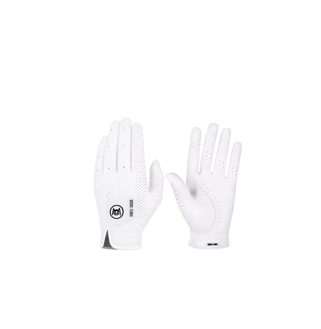 A pair of white PGM men's golf gloves, perfect for all weather conditions. These durable gloves feature a breathable, perforated design on the fingers and backhand for maximum comfort during play.