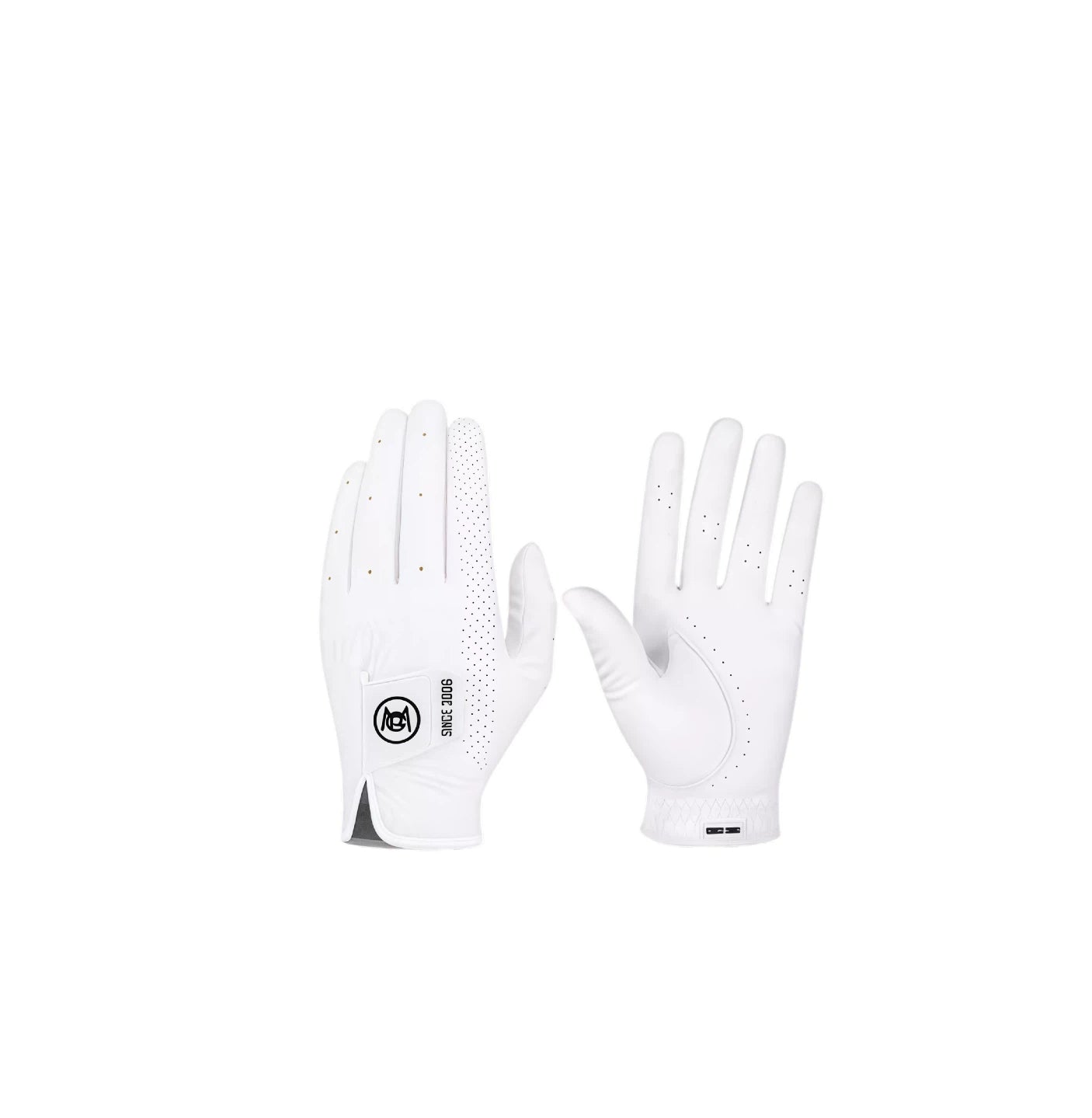 A pair of white PGM men's golf gloves, perfect for all weather conditions. These durable gloves feature a breathable, perforated design on the fingers and backhand for maximum comfort during play.