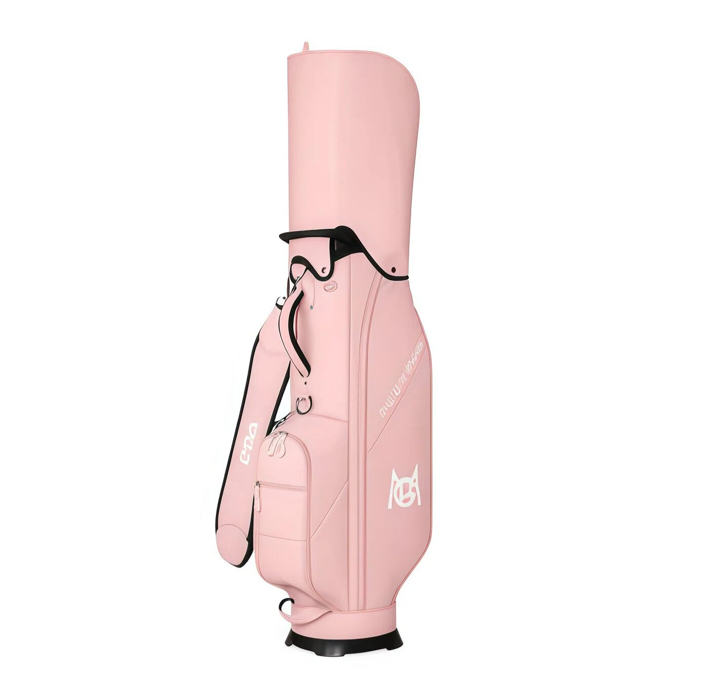 Pink PGM women’s golf bag with soft tone and elegant design. Features adjustable strap, side pocket, and brand logo for style and function.
