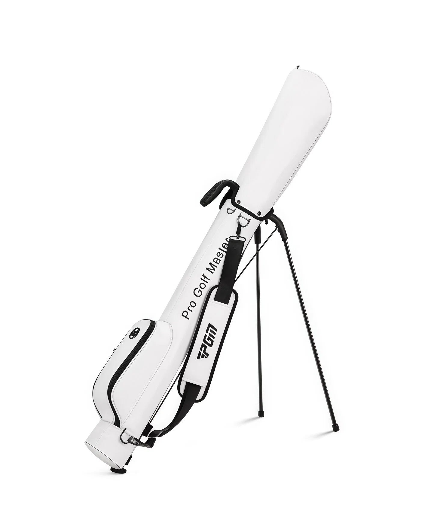 White PGM women’s ultra-light stand golf bag with black accents and tripod support. Sleek, modern design suitable for all weather conditions.