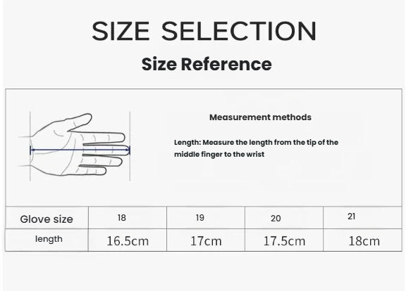 Glove size reference chart with measurement methods and glove sizes.