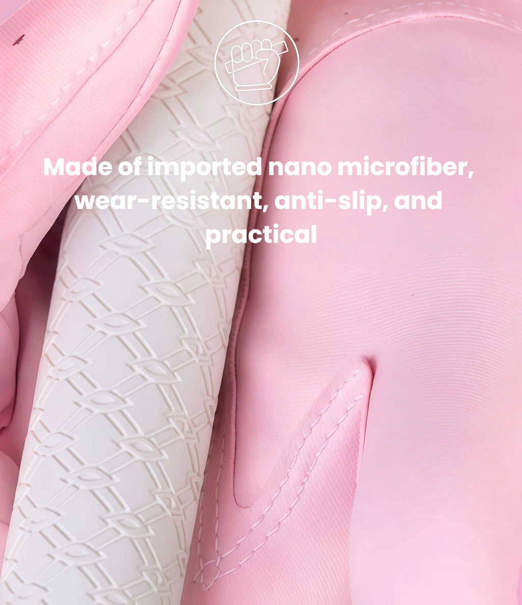 A close-up view of the pink PGM women's golf glove, showcasing its imported nano microfiber material. This durable fabric is wear-resistant, anti-slip, and designed for practical, long-lasting performance.