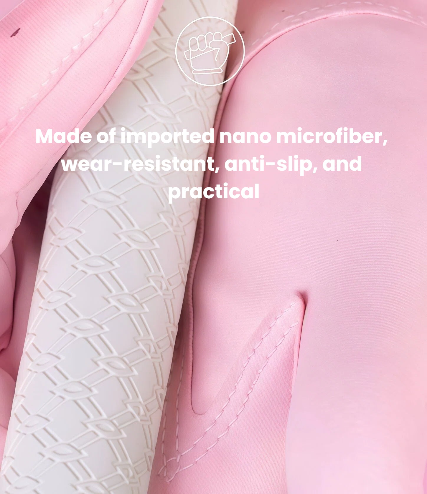 A close-up view of the pink PGM women's golf glove, showcasing its imported nano microfiber material. This durable fabric is wear-resistant, anti-slip, and designed for practical, long-lasting performance.