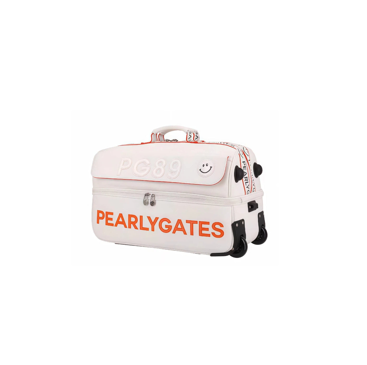 White PG89 golf travel bag with double layer storage, equipped with a trolley handle and wheels, displaying "PEARLYGATES" branding and a smiley face logo, perfect for golfers needing portable luggage.