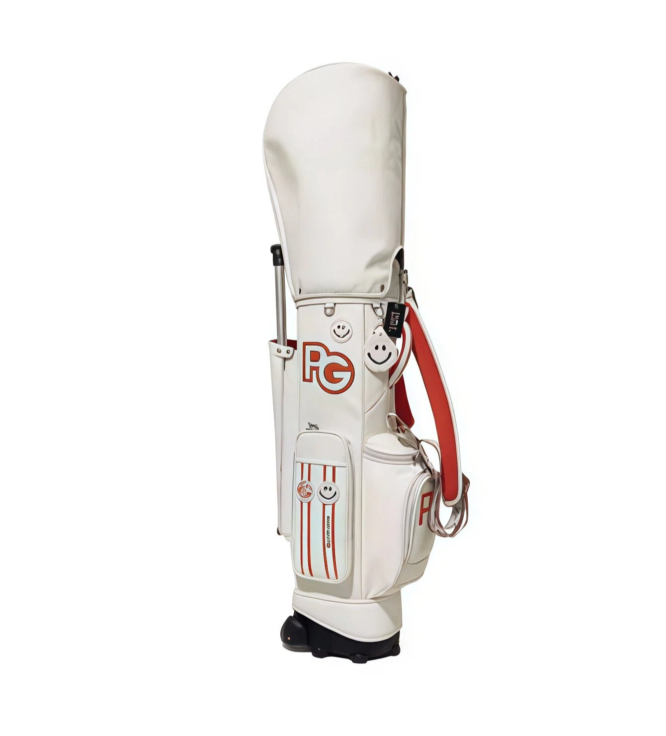 Close-up of white PG Smiley golf trolley bag highlighting red-striped pocket, "PG" logo, smiley face patch, and premium PU texture. Perfect blend of style and function.
