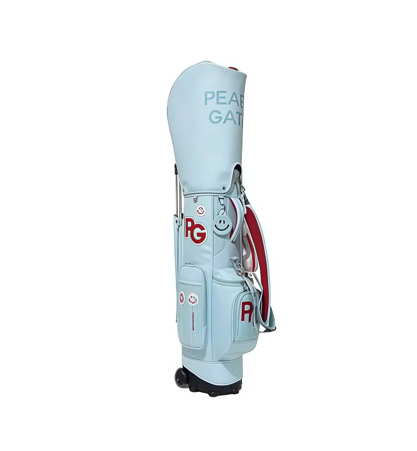 Light blue PG Smiley golf trolley bag with waterproof PU fabric, red accent details, and signature smiley face logo. Includes dual straps and wheel system for effortless mobility.