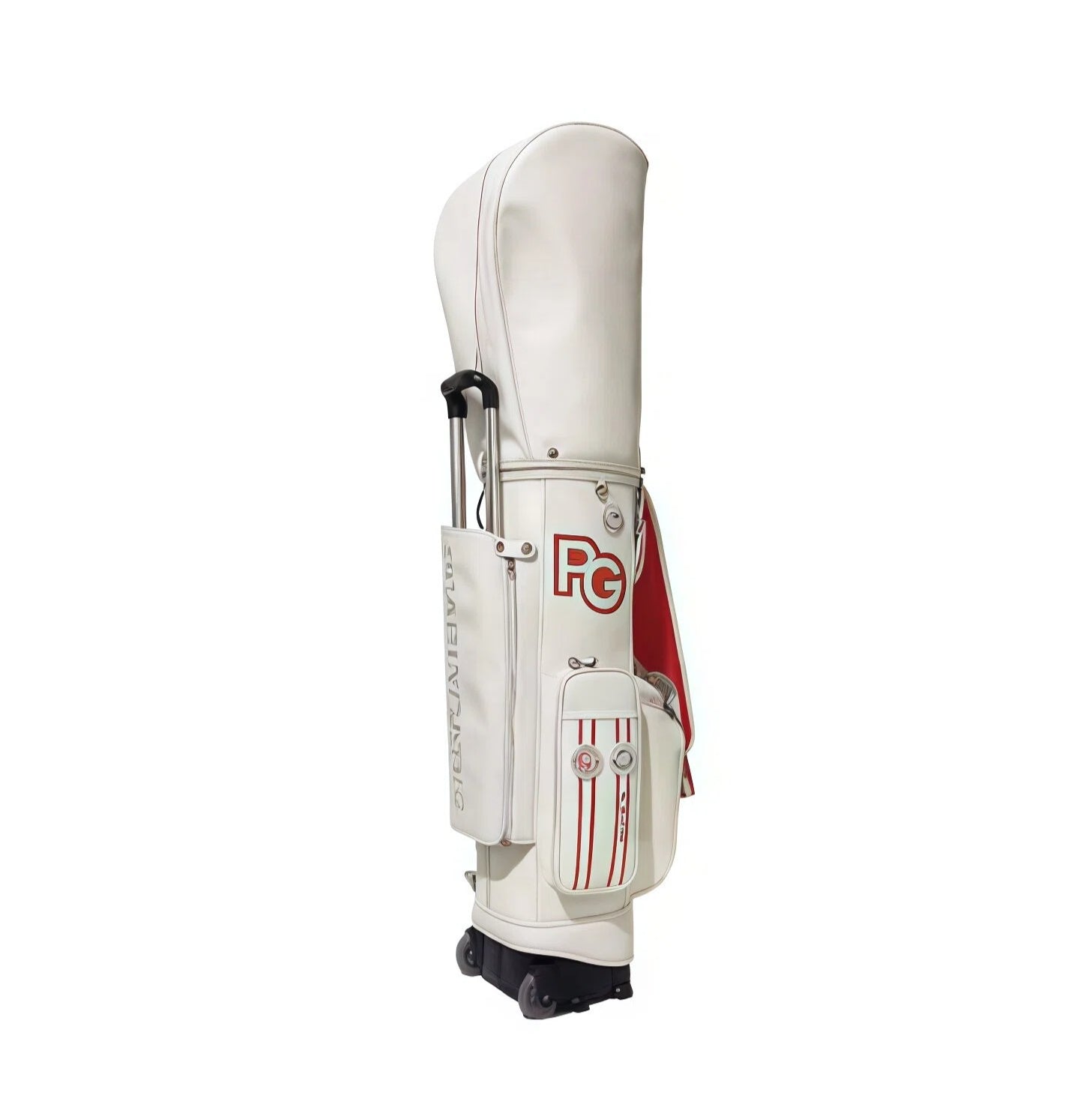Side view of white PG Smiley golf trolley bag showing telescopic handle, reinforced base, and multiple storage pockets. Designed for comfort and convenience on the course.