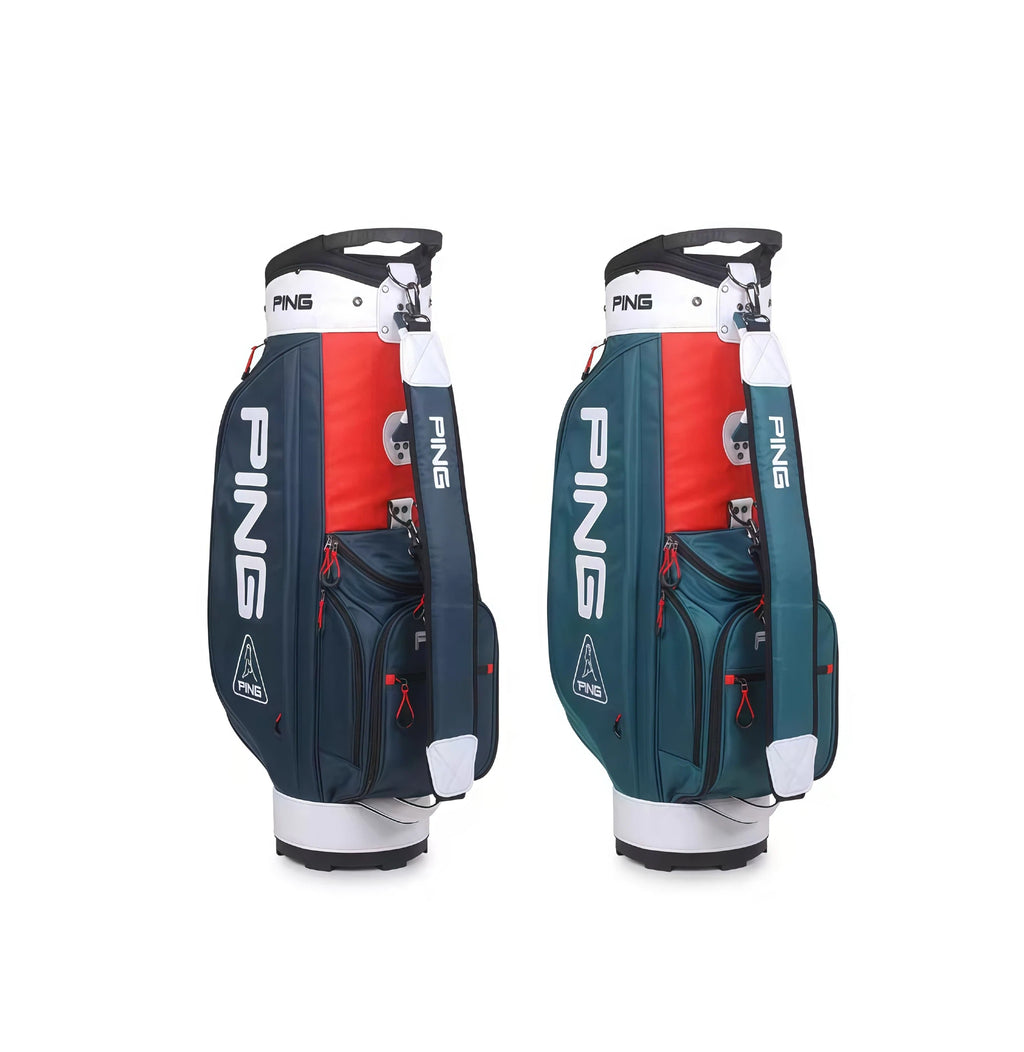 Back view of two PING A-Series Staff Bags showing the structured back panel, shoulder strap, and red accent stripe. Built for comfort and maximum club capacity.